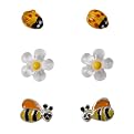 Kids? Sterling Silver Ladybug, Bee, Flower ? Earring Set - Gold