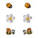 Kids? Sterling Silver Ladybug, Bee, Flower ? Earring Set - Gold