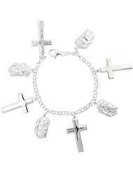 Sterling Silver Pendant Bracelet w/ Crosses & Jesus with Crown of Thorns , 1 1/16" (27mm) wide