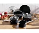 5PC STRAIGHT MATT BLACK PAN SET W/CHROME HANDLE & GLASS LIDS