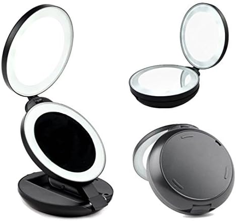AlierKin LED Lighted Travel Makeup Mirror, Compact Double Sided Folding Handheld Mirror Magnifies 5x on One Side and 1x on the other by AlierKin