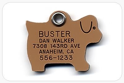 Pet ID Tag - Dog - Custom engraved cat and dog ID tags. Pet safety tag has reflective coating and is available in plastic, stainless steel and brass.