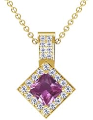 18K Yellow Gold Princess Cut Pink Sapphire And Round Diamond Pendant