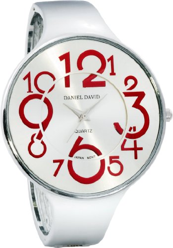 Daniel David Women's | Large Red Numbers Easy Read Silver-Tone Bangle Watch | HA0471