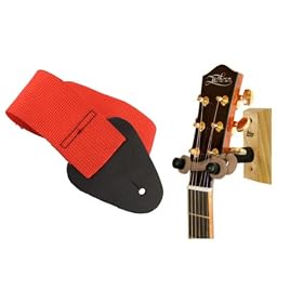 String Swing Wood Guitar Wall Hanger, CHERRY with Bonus Guitar Strap, RED by 