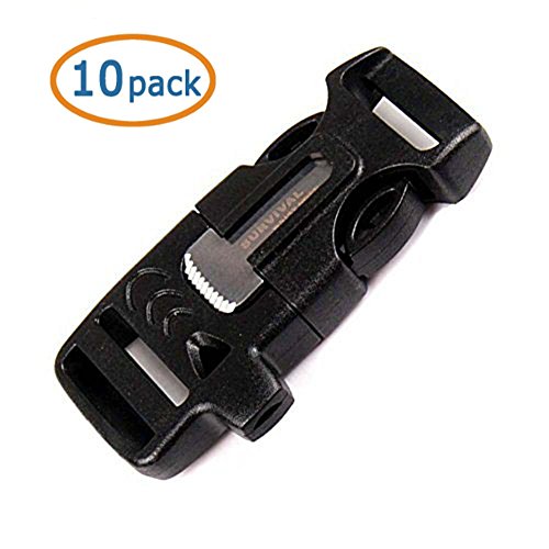 WOVTE 1.8 x 0.75 Inch Whistle Buckles with Flint Fire Starter and Striker for Paracord Bracelet Black Pack of 10