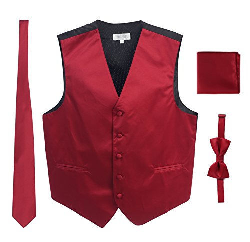 4 Piece Gioberti Mens Solid Formal Vest, Bowtie, Tie, Pocket Square Set