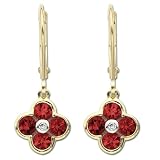 10k Yellow Gold Ruby Flower Leverback Dangle Earrings w/ Diamond Accent