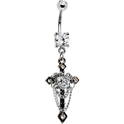 Clear Gem Heart Chained Cross Belly Ring