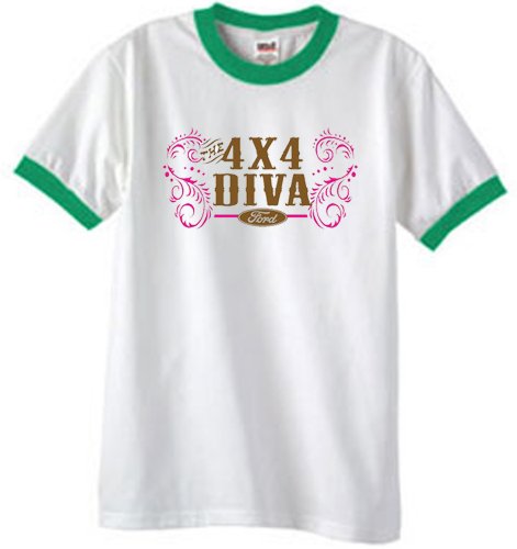 Ford Car 4X4 DIVA Offroad Muddy Rock Climbing Classic Adult Ringer T-shirt Tee - White/Kelly