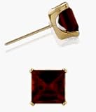 Genuine 4mm Square Princess Garnet 14 Karat Yellow Gold Stud Earrings