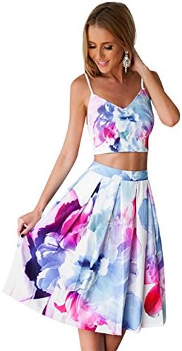 Chicnova Women's Summer Floral Spaghetti Straps Two Piece Crop Top Midi Skirt Dress
