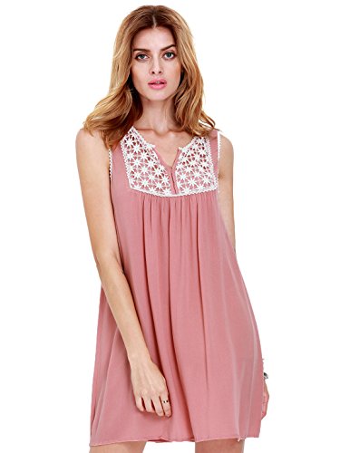 ROMWE Women's Cute Plain House Sleeveless Pleated Embroidered Dress