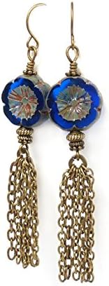 Sapphire Blue Tassel Earrings - Long Dangle Earrings - Czech Glass Flower Beads - Boho Jewelry Cobalt