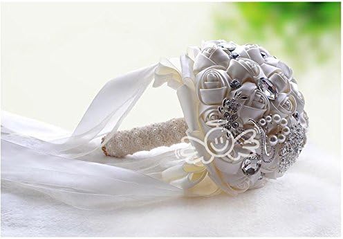 Advanced Customization Luxury Handmade Silk Roses with Deluxe Rhinestones, Pearls and Ribbon Bridal Wedding Bouquet Silk Rose Hand Tie Valentine's Day Bouquet Confession (Ivory)