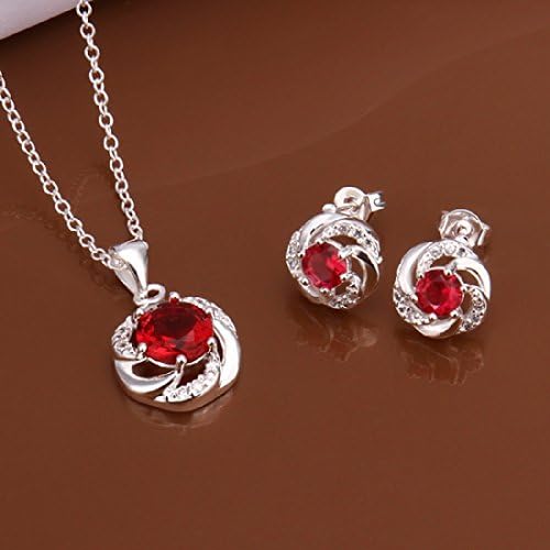 CY-Buity Elegant Twisted Flower Red Zircon Pendant Neckalce Earring 925 Silver Plated Jewelry Set Nice Gift for Girls
