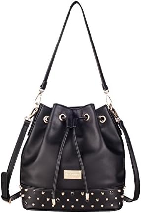 Keypoint Studded Stylish Drawstring Bucket Leather Shoulder Bags (Black)