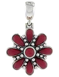 Sterling Silver Oxidized Flower Pendant, w/ 4mm Round & Eight 6 x 3 mm Pear-shaped Red Resin, 7/8" (22mm) tall