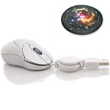 Sleek, Compact White USB 2.0 Optical Mouse for MacBook and MacBook Pro - with Retractable USB Cord and Red laser Optics - PLUG-N-PLAY - Includes Mouse Pad