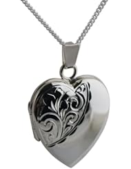 British Jewellery Workshops Silver 21x19mm hand engraved heart Locket with Curb chain