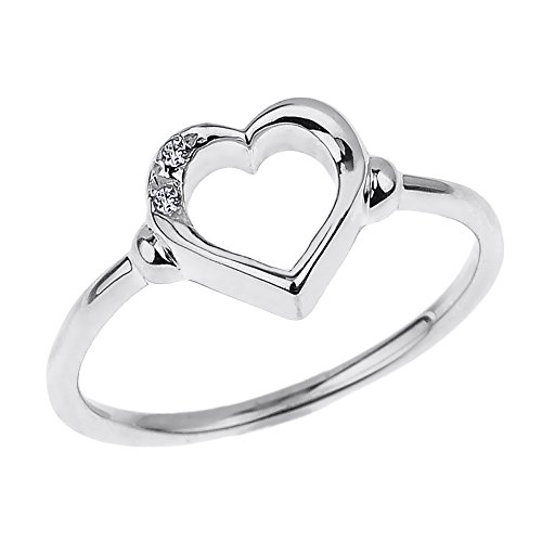 Fine 10k White Gold Dainty Band 2-Stone Diamond Open Heart Ring