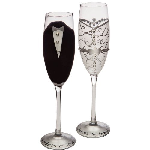 Set of 2 Handpainted Bride & Groom Champagne Toasting Flute Glasses 9"