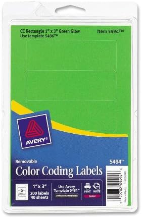 Avery Dennison 05494 Removable Rectangle Labels, 1 in.x3 in., 200/PK, Green Neon