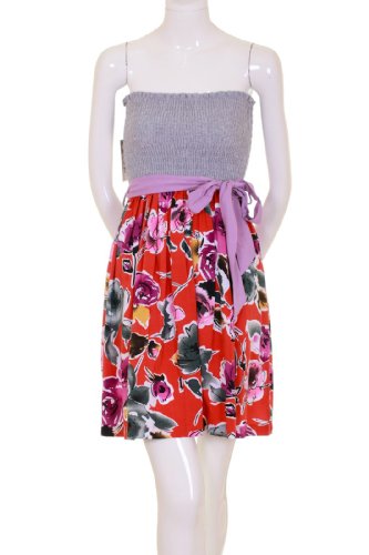 Crafty Coulture Smocked Tube Top Contrast Floral Print Wrap Tie Dress Orange Medium