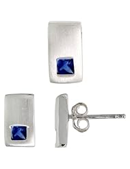 Sterling Silver Matte-finish Rectangular Earrings (10mm tall) & Pendant Slide (10mm tall) Set, w/ Princess Cut Blue Sapphire-colored CZ Stones