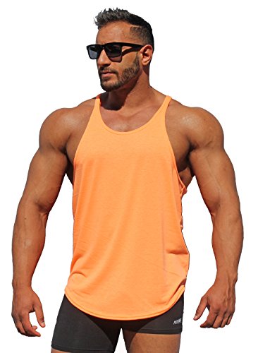 Physique Bodyware Mens Blank Y Back Stringer Tank Top. Built In America (Large, Neon Orange)