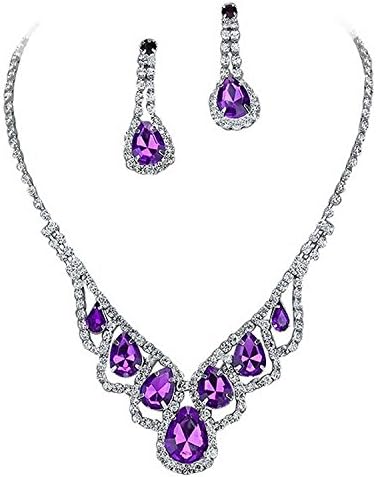 Greatmate Purple Elegant Droplets Rhinestone Prom Bridesmaid Evening Necklace Set Silver Tone