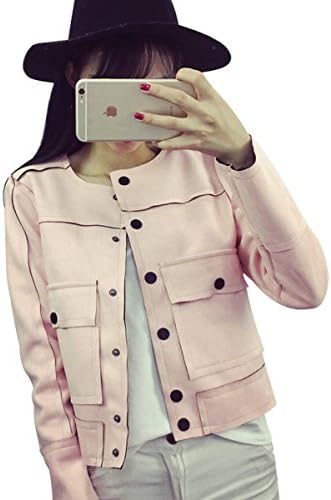 FCHG Korean Women Suede Coat Autumn Jacket Slim Long Sleeve All-Match Short Coats (Small, Pink)