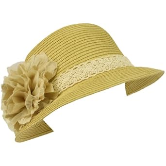 Upf 50+ Ladies Summer 2 Flowers Lace Cloche Bell Bucket Sun Hat Cap 57cm Natural