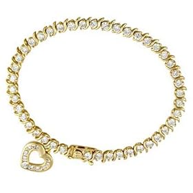 18k Gold over Silver Classic CZ Tennis Bracelet Heart Charm by 