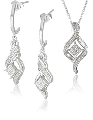 Sterling Silver Diamond Twist Shape Pendant and Earrings Box Set (1/6 Cttw, I-J Color, I2-I3 Clarity), 18"