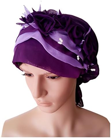 OWM Headscarves Fancy Pre Tied Chiffon Flower Turban Head Wrap For Cancer Patients (Purple)