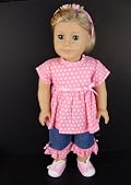 3pc Pink Summer Outfit with Pink Polka Dots and Jean Capri's Complete with Headband Designed for 18 Inch Doll Like the American Girl Dolls Shoes Sold Seperately