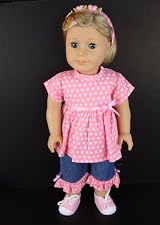 3pc Pink Summer Outfit with Pink Polka Dots and Jean Capri's Complete with Headband Designed for 18 Inch Doll Like the American Girl Dolls Shoes Sold Seperately