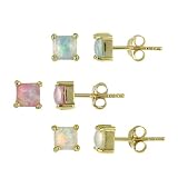 18K Gold over Sterling Silver Pink, Blue, and White Square Created Opal Stud Earrings Set