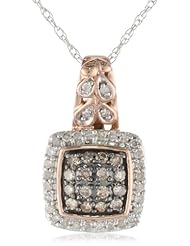 10k Rose Gold Cushion Natural Brown and White Diamond Pendant Necklace (1/4 cttw), 18"