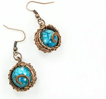 Round wire wrap blue hook earrings