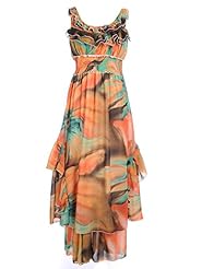  Shirred Tropical Print  Dress With Ruffles