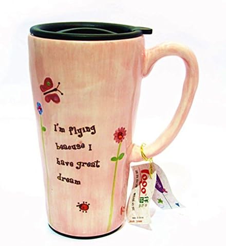 Icary Colored Drawing High Quality Ceramic Mug Coffee Cup with Lid (Large, Pink Butterfly)