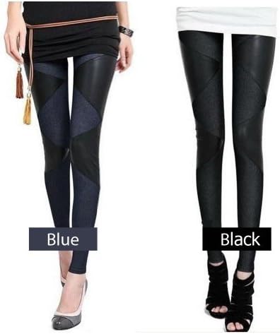 CELEBSIAM Women's PVC Leather with Jeans combine leggings One Size , Blue
