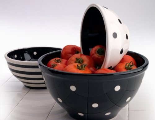 Terramoto Ceramic 3 Pcs Polka Dots and Stripes Mixing Bowl Set By Coastline Imports - Black