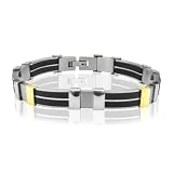 Men's 18k Gold and Stainless Steel with Black Robber Bracelet Bangle (Length 7.5 and Width 9mm)