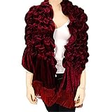 Apparel : BURGUNDY VELVET GLAMOROUS RUCHED SHAWL W/RUFFLED EDGE