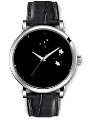 SPRAWL Aanalog Fashion Series Silver Ladies Watches of Genuine Black Leather Strap,Unique Wrist Watch for Women Girls Designed with White flowers down black background