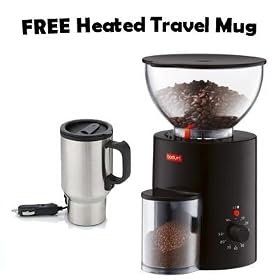 Bodum Antigua Electric Burr Grinder (Black) With FREE 16 oz. Stainless Steel 12V Heated Travel Mug