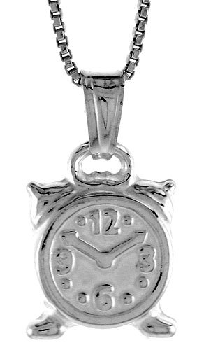 Sterling Silver Small Alarm Clock Pendant, Made in Italy. 9/16 in. (14mm) Tall